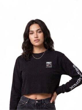 Obey Black Cropped Long-Sleeve Graphic Tee